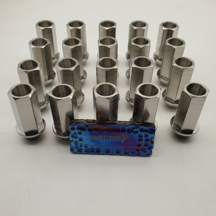 Gr5 Titanium Lug Nuts, M14x1.5x45mm, Cone seat, Open End Burntblue, Black, RAW