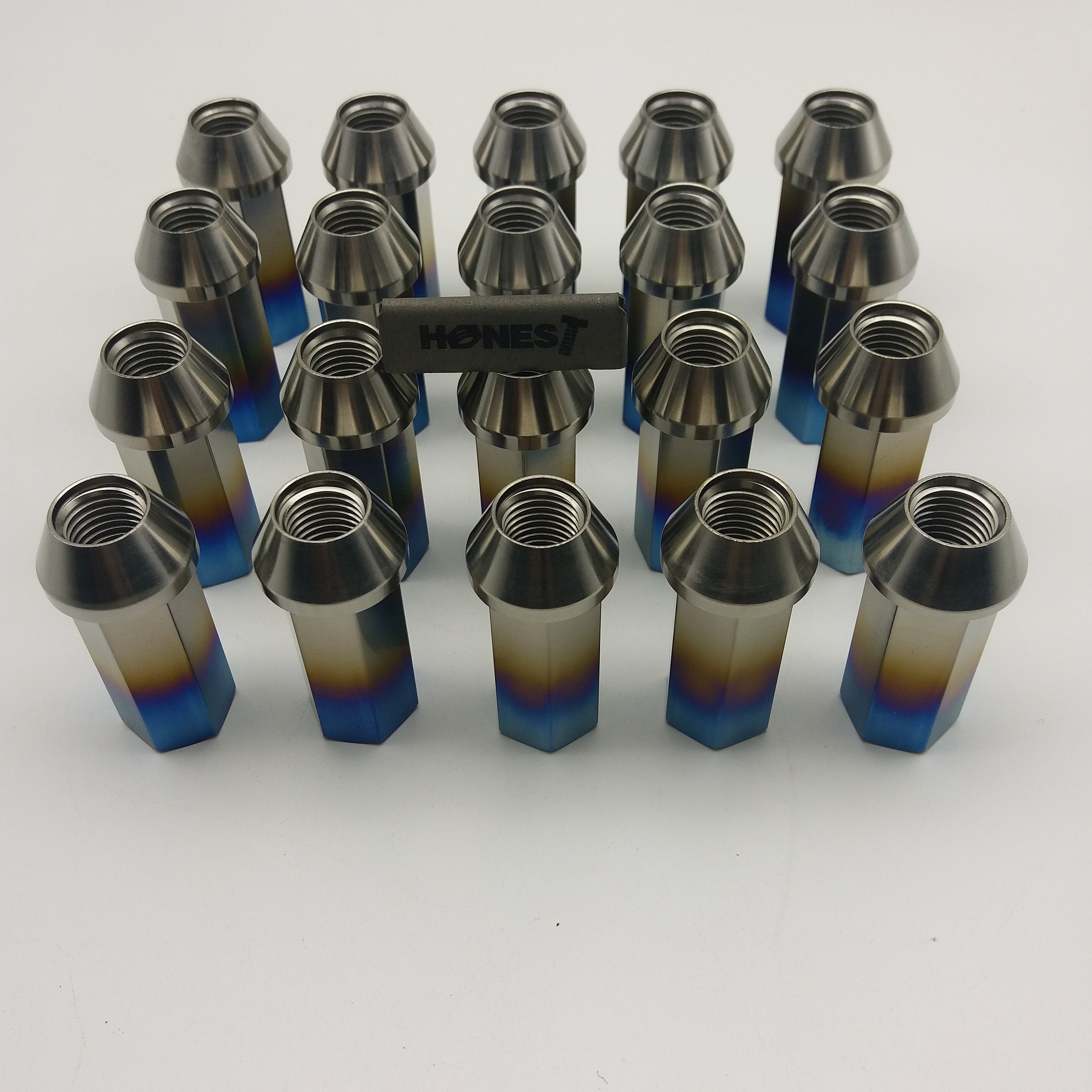 Gr5 Titanium Lug Nuts, M14x1.5x45mm, Cone seat, Open End Burntblue, Black, RAW