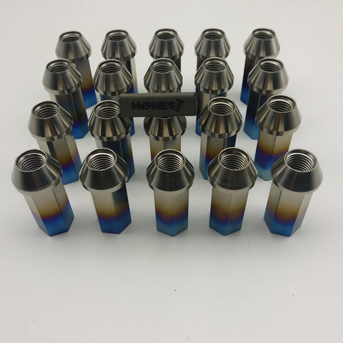 Gr5 Titanium Lug Nuts, M14x1.5x45mm, Cone seat, Open End Burntblue, Black, RAW