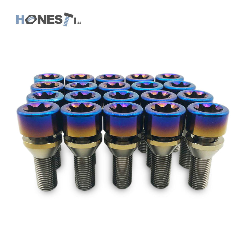 Lamborghini Titanium Wheel Lug Bolts, M14 x 1.5 x 29mm T80 Torx Cone seat with floating washers