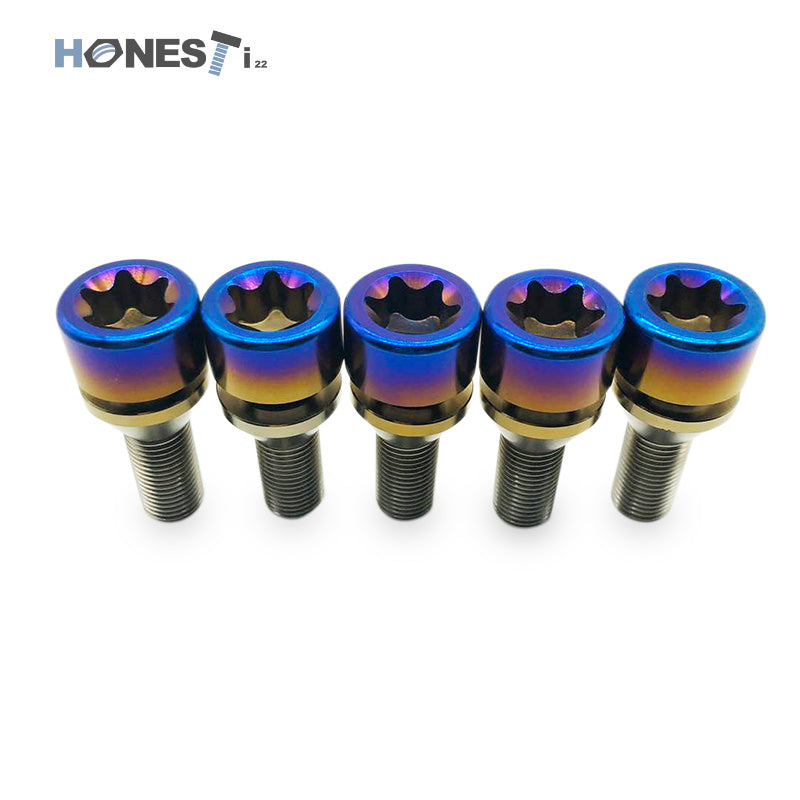 Lamborghini Titanium Wheel Lug Bolts, M14 x 1.5 x 29mm T80 Torx Cone seat with floating washers