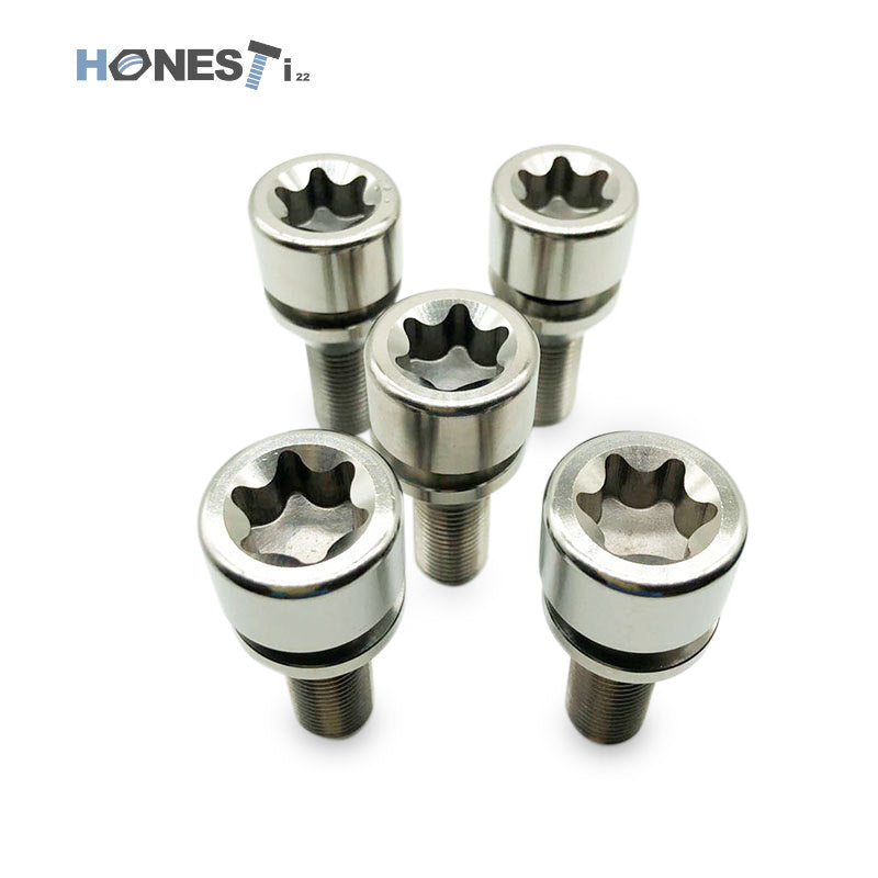 Lamborghini Titanium Wheel Lug Bolts, M14 x 1.5 x 29mm T80 Torx Cone seat with floating washers