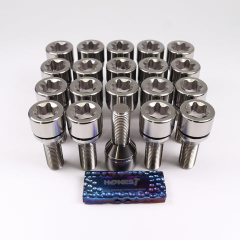 Lamborghini Titanium Wheel Lug Bolts, M14 x 1.5 x 29mm T80 Torx Cone seat with floating washers